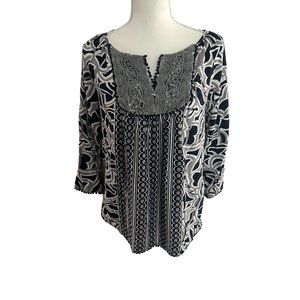 CROWN & IVY Womens Black White Gray Peasant Top Size M